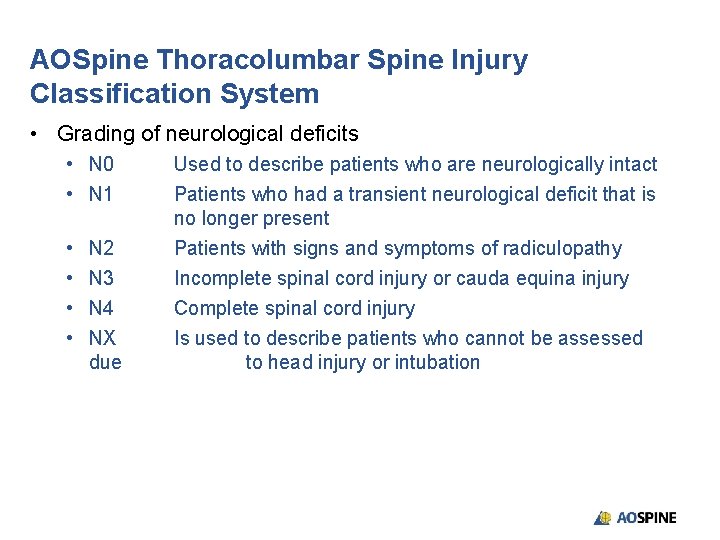 AOSpine Thoracolumbar Spine Injury Classification System • Grading of neurological deficits • N 0