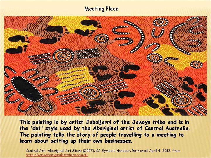 Meeting Place This painting is by artist Jabaljarri of the Jawoyn tribe and is Meeting Place This painting is by artist Jabaljarri of the Jawoyn tribe and is