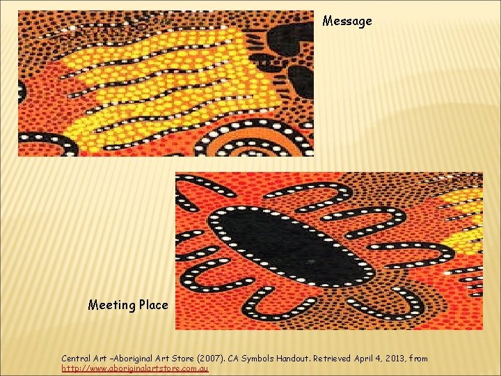 Message Meeting Place Central Art –Aboriginal Art Store (2007). CA Symbols Handout. Retrieved April