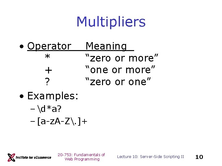 Multipliers • Operator * + ? • Examples: Meaning “zero or more” “one or