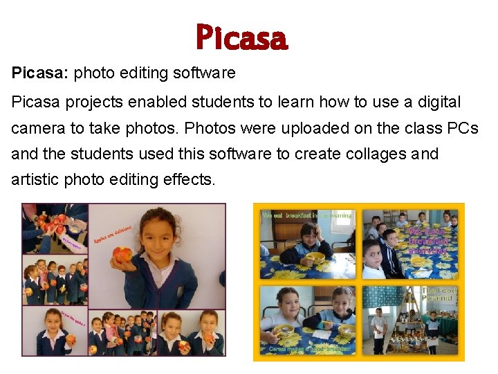 Picasa: photo editing software Picasa projects enabled students to learn how to use a