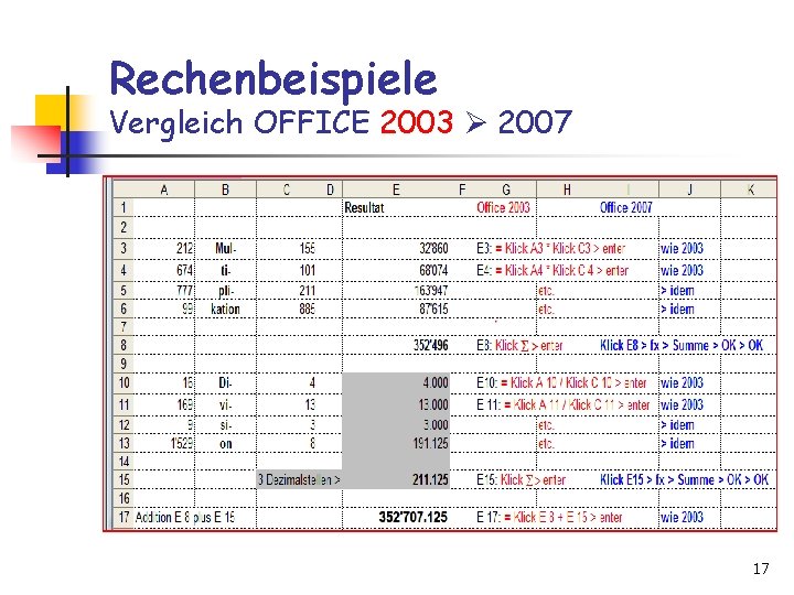 Rechenbeispiele Vergleich OFFICE 2003 2007 17 