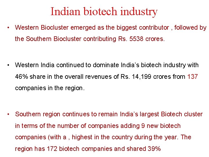 Indian biotech industry • Western Biocluster emerged as the biggest contributor , followed by