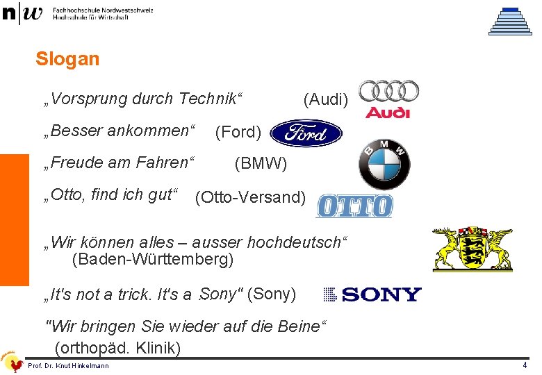 Slogan „Vorsprung durch Technik“ „Besser ankommen“ „Freude am Fahren“ „Otto, find ich gut“ (Audi)