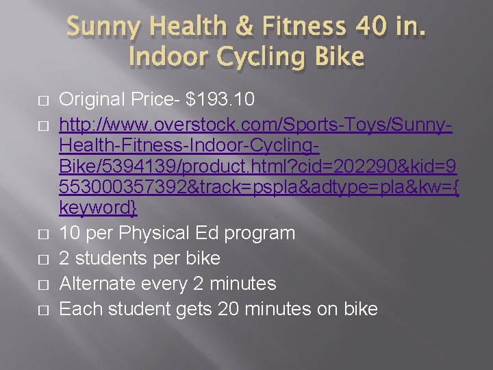 Sunny Health & Fitness 40 in. Indoor Cycling Bike � � � Original Price-