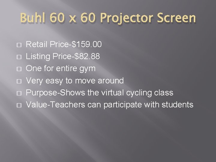 Buhl 60 x 60 Projector Screen � � � Retail Price-$159. 00 Listing Price-$82.