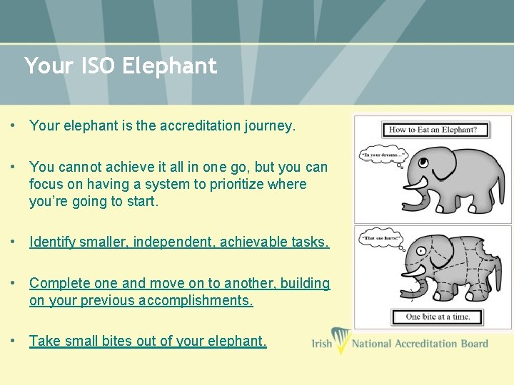 Your ISO Elephant • Your elephant is the accreditation journey. • You cannot achieve