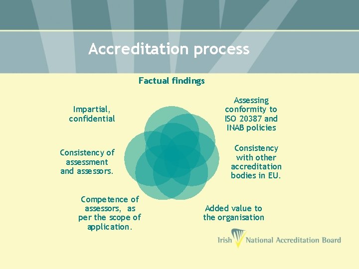 Accreditation process Factual findings Impartial, confidential Consistency of assessment and assessors. Competence of assessors,