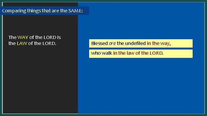 Comparing things that are the SAME: In a SYNONYMOUS parallel, one idea is presented