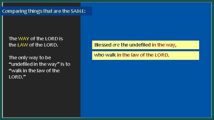 Comparing things that are the SAME: In a SYNONYMOUS parallel, one idea is presented