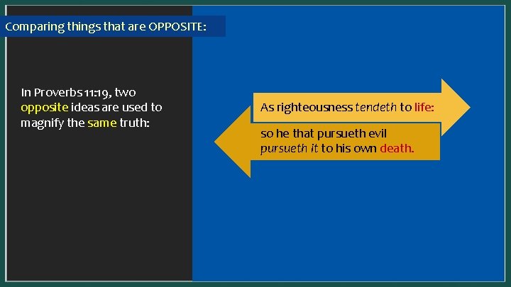 Comparing things that are OPPOSITE: In a SYNONYMOUS parallel, one idea is presented two