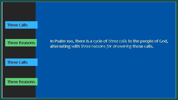 In a SYNONYMOUS parallel, one idea is presented two complementary ways: Three Calls Three
