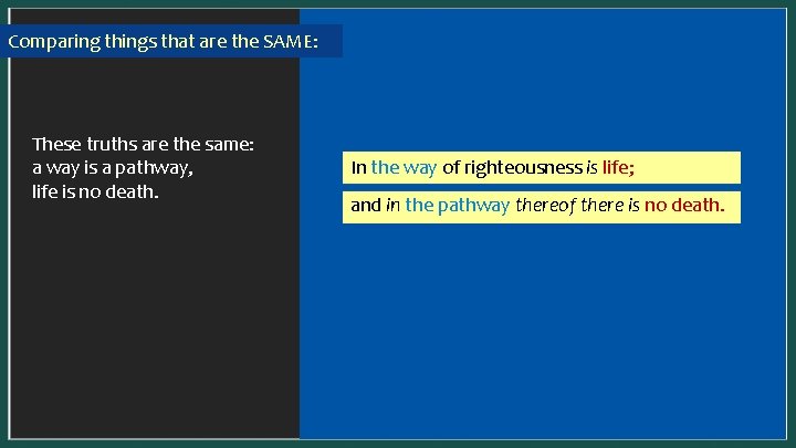 Comparing things that are the SAME: In a SYNONYMOUS parallel, one idea is presented
