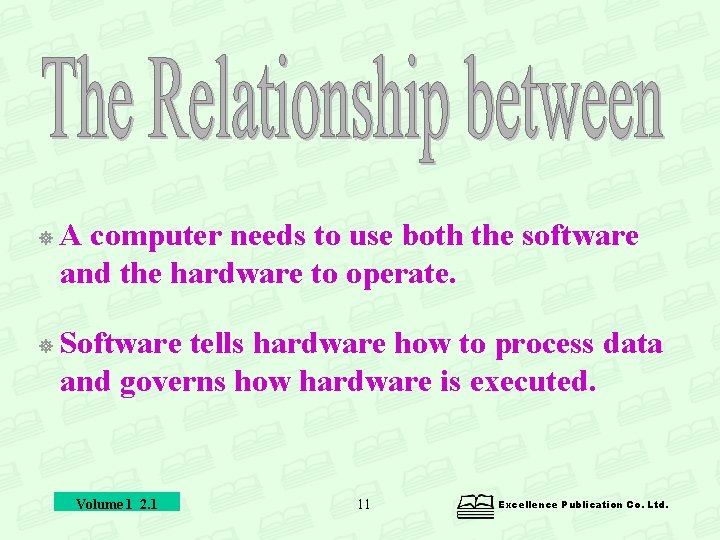  A computer needs to use both the software and the hardware to operate.
