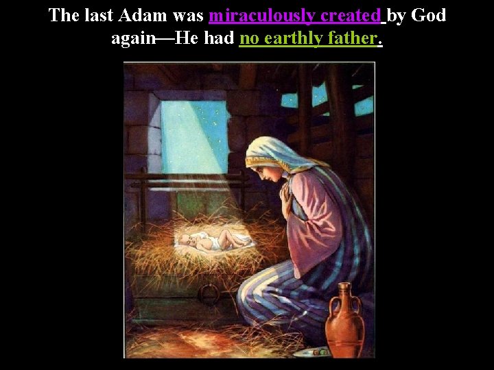 The last Adam was miraculously created by God again—He had no earthly father. 