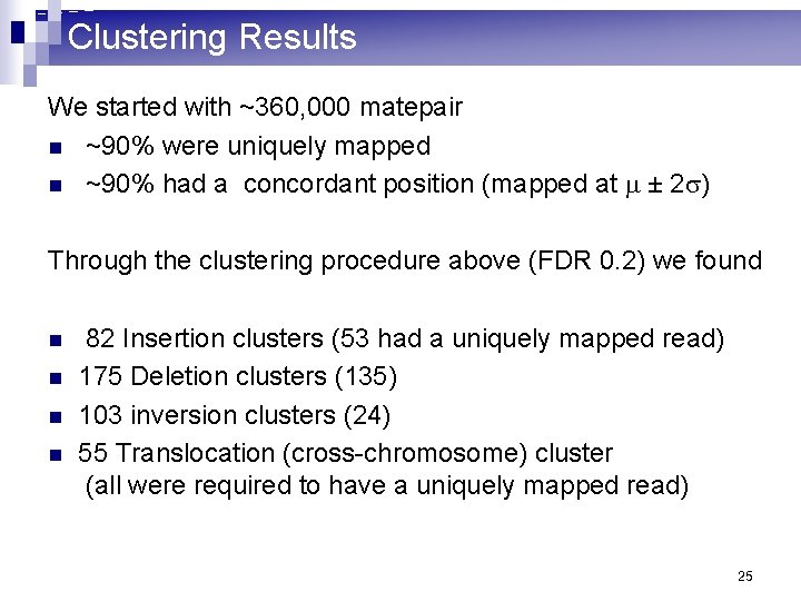 Clustering Results We started with ~360, 000 matepair n ~90% were uniquely mapped n