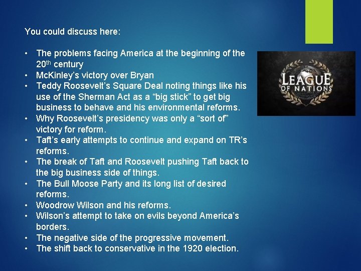 You could discuss here: • The problems facing America at the beginning of the