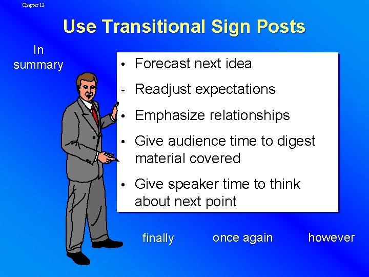 Chapter 12 Use Transitional Sign Posts In summary Forecast next idea Readjust expectations Emphasize