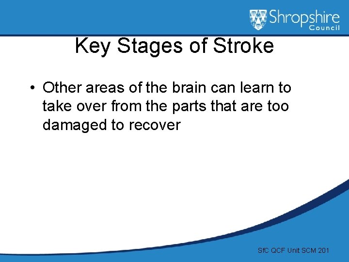 Key Stages of Stroke • Other areas of the brain can learn to take