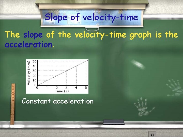 Slope of velocity-time The slope of the velocity-time graph is the acceleration. Constant acceleration