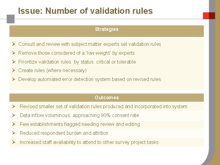 Issue: Number of validation rules Strategies Ø Consult and review with subject matter experts