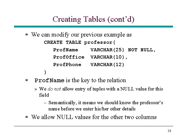 Creating Tables (cont’d) * We can modify our previous example as CREATE TABLE professor( Creating Tables (cont’d) * We can modify our previous example as CREATE TABLE professor(