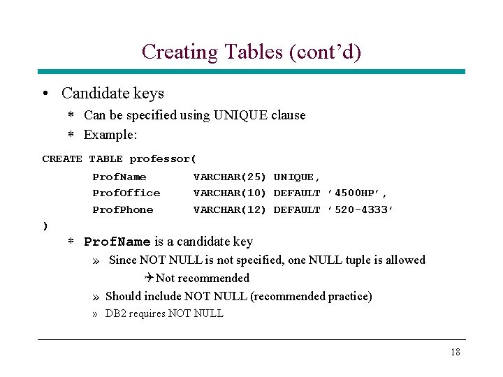 Creating Tables (cont’d) • Candidate keys * Can be specified using UNIQUE clause * Creating Tables (cont’d) • Candidate keys * Can be specified using UNIQUE clause *