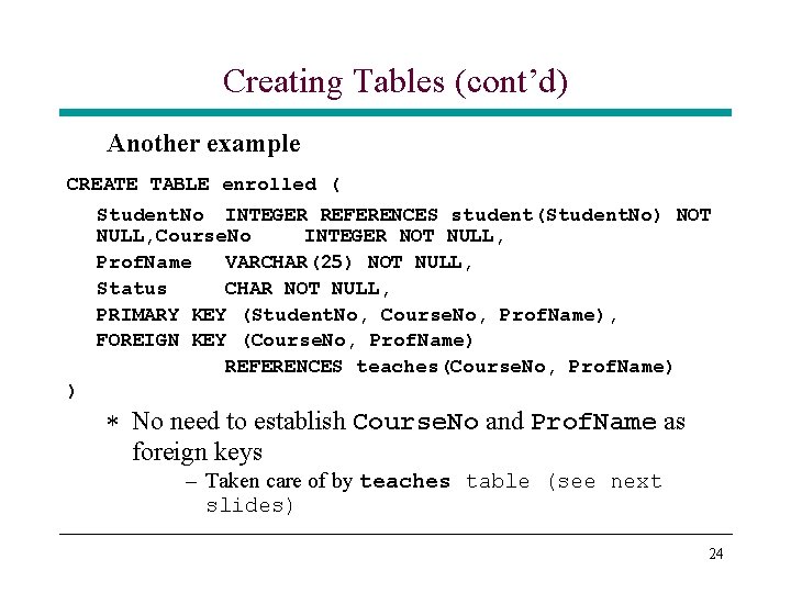 Creating Tables (cont’d) Another example CREATE TABLE enrolled ( Student. No INTEGER REFERENCES student(Student. Creating Tables (cont’d) Another example CREATE TABLE enrolled ( Student. No INTEGER REFERENCES student(Student.