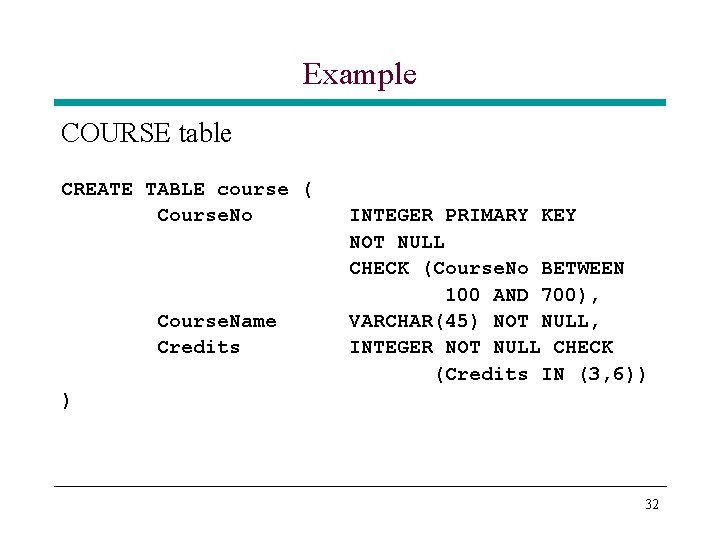 Example COURSE table CREATE TABLE course ( Course. No Course. Name Credits INTEGER PRIMARY Example COURSE table CREATE TABLE course ( Course. No Course. Name Credits INTEGER PRIMARY