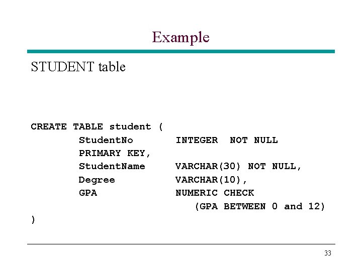 Example STUDENT table CREATE TABLE student ( Student. No PRIMARY KEY, Student. Name Degree Example STUDENT table CREATE TABLE student ( Student. No PRIMARY KEY, Student. Name Degree