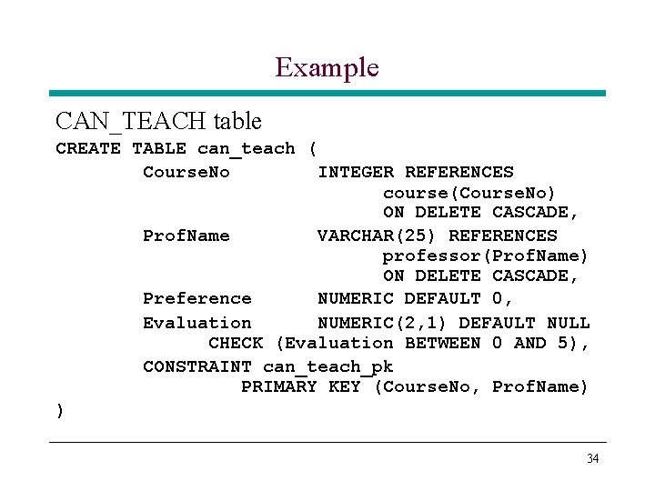 Example CAN_TEACH table CREATE TABLE can_teach ( Course. No INTEGER REFERENCES course(Course. No) ON Example CAN_TEACH table CREATE TABLE can_teach ( Course. No INTEGER REFERENCES course(Course. No) ON