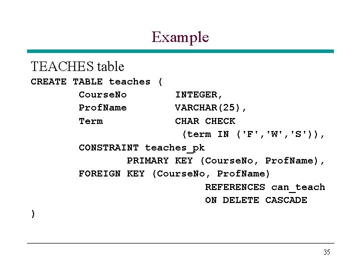 Example TEACHES table CREATE TABLE teaches ( Course. No Prof. Name Term INTEGER, VARCHAR(25), Example TEACHES table CREATE TABLE teaches ( Course. No Prof. Name Term INTEGER, VARCHAR(25),