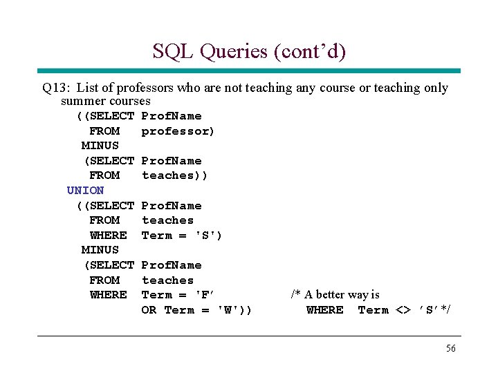 SQL Queries (cont’d) Q 13: List of professors who are not teaching any course SQL Queries (cont’d) Q 13: List of professors who are not teaching any course