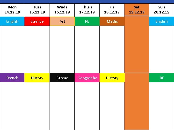 Mon 14. 12. 19 Tues 15. 12. 19 Weds 16. 12. 19 Thurs 17.