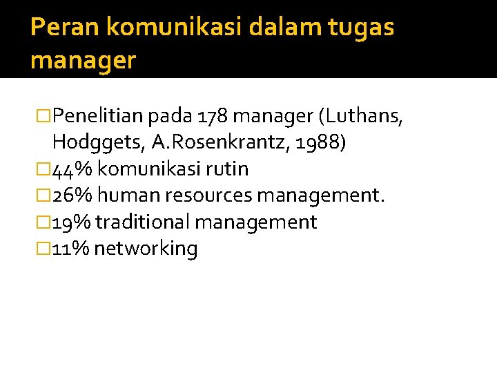 Peran komunikasi dalam tugas manager �Penelitian pada 178 manager (Luthans, Hodggets, A. Rosenkrantz, 1988)