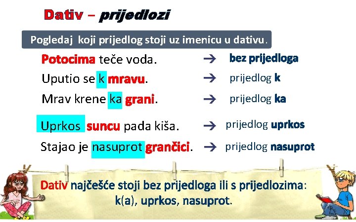 Dativ – prijedlozi Pogledaj koji prijedlog stoji uz imenicu u dativu. Potocima teče voda. Dativ – prijedlozi Pogledaj koji prijedlog stoji uz imenicu u dativu. Potocima teče voda.