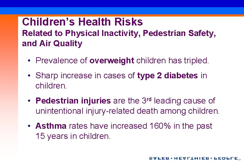 Children’s Health Risks Related to Physical Inactivity, Pedestrian Safety, and Air Quality • Prevalence