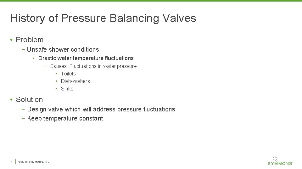 History of Pressure Balancing Valves • Problem − Unsafe shower conditions • Drastic water