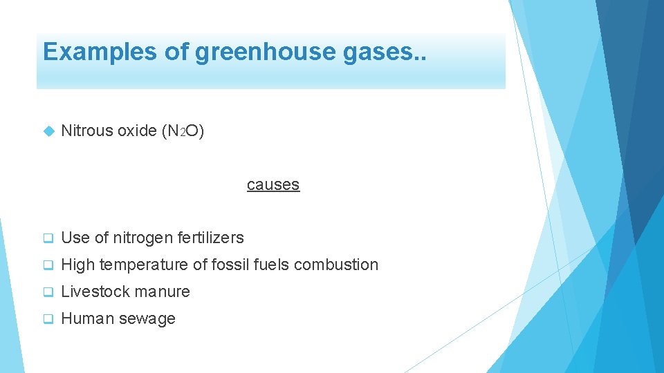Examples of greenhouse gases. . Nitrous oxide (N 2 O) causes q Use of