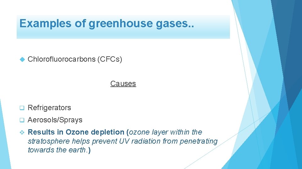Examples of greenhouse gases. . Chlorofluorocarbons (CFCS) Causes q Refrigerators q Aerosols/Sprays v Results