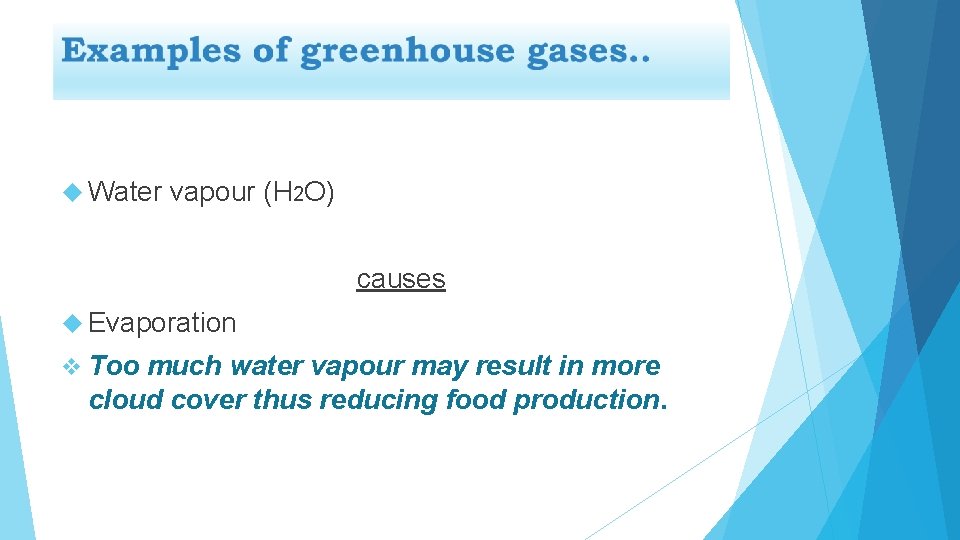  Water vapour (H 2 O) causes Evaporation v Too much water vapour may