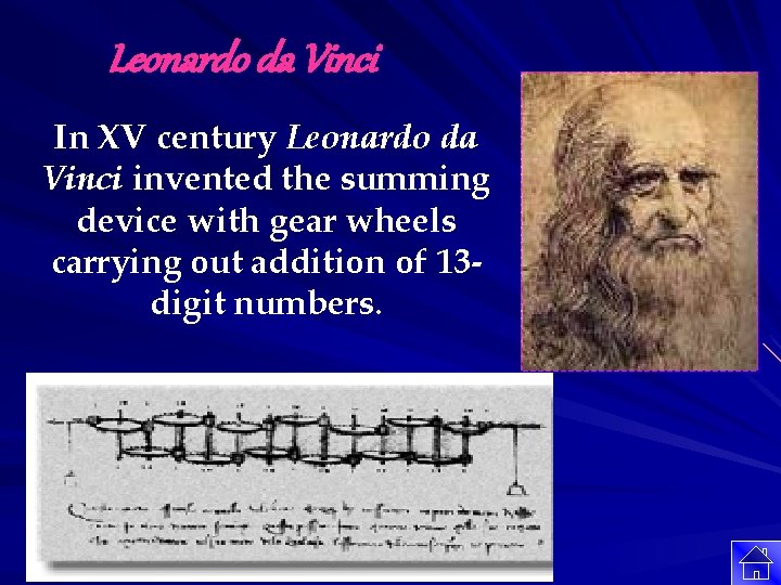 Leonardo da Vinci In XV century Leonardo da Vinci invented the summing device with