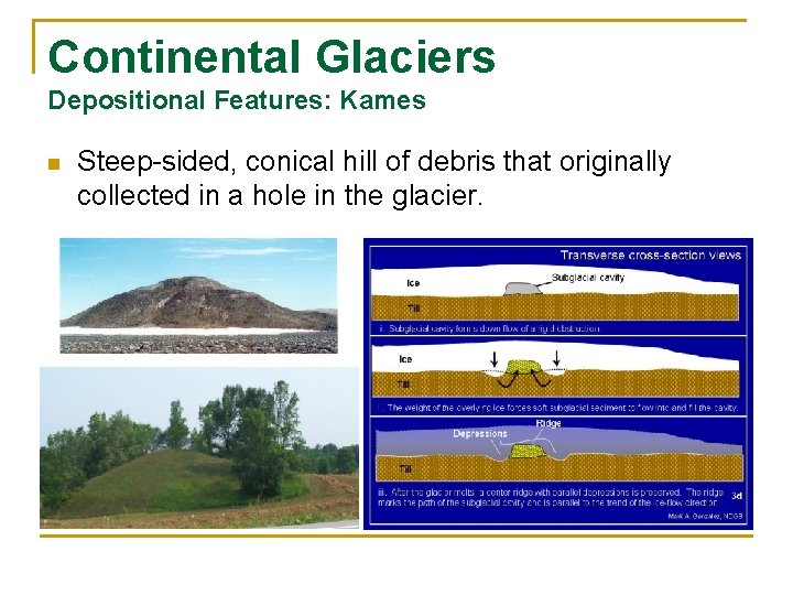 Continental Glaciers Depositional Features: Kames n Steep-sided, conical hill of debris that originally collected