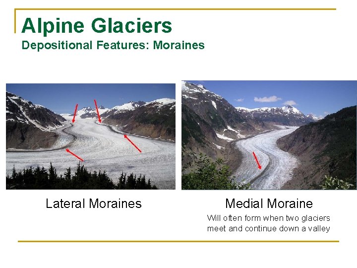 Alpine Glaciers Depositional Features: Moraines Lateral Moraines Medial Moraine Will often form when two
