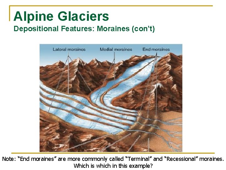 Alpine Glaciers Depositional Features: Moraines (con’t) Note: “End moraines” are more commonly called “Terminal”