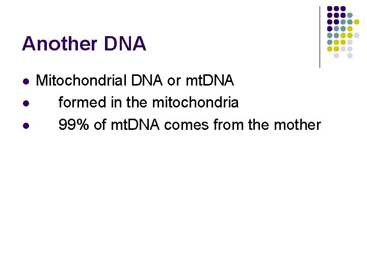 Another DNA l l l Mitochondrial DNA or mt. DNA formed in the mitochondria