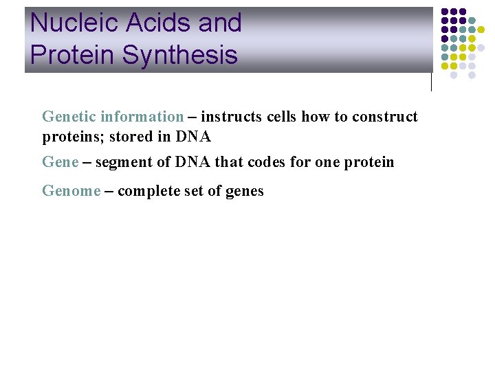 Nucleic Acids and Protein Synthesis Genetic information – instructs cells how to construct proteins;