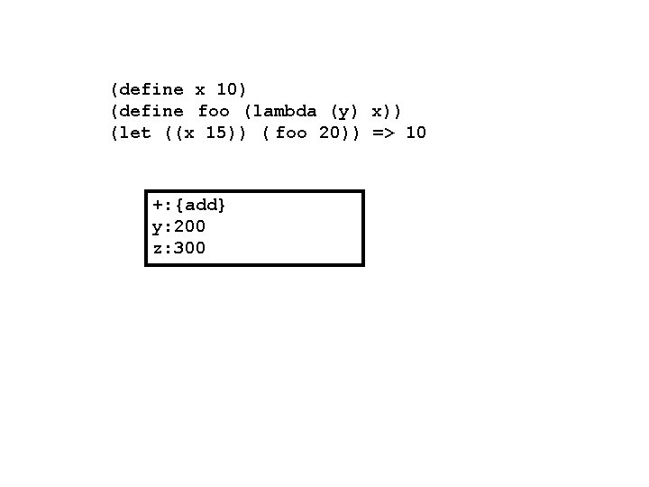 (define x 10) (define foo (lambda (y) x)) (let ((x 15)) ( foo 20))