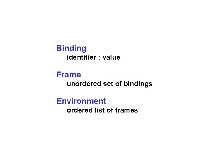 Binding identifier : value Frame unordered set of bindings Environment ordered list of frames