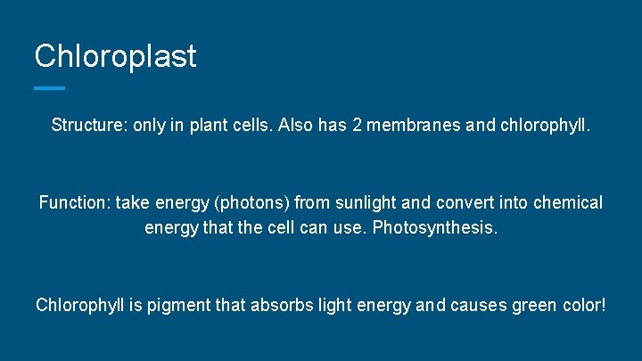 Chloroplast Structure: only in plant cells. Also has 2 membranes and chlorophyll. Function: take